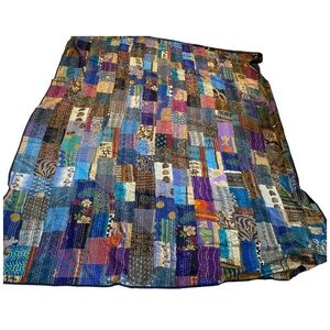 VTG 70s Silk Cotton Patchwork Hippie Boho Gypsy Quilt Bedspread Blanket Queen